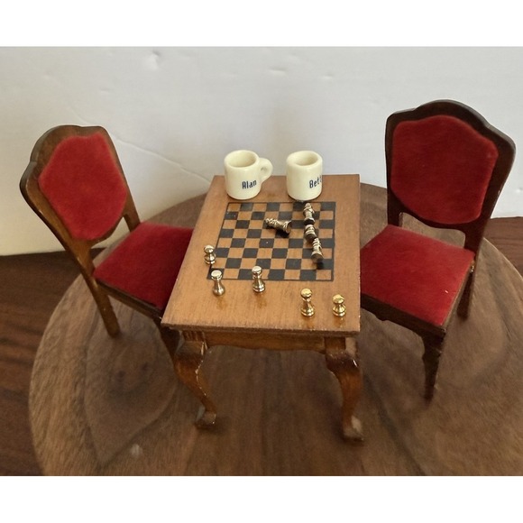 Dollhouse Lot Chess Set Board Marquetry Game Table Chairs Miniature 1:12 Vintage - Picture 2 of 5